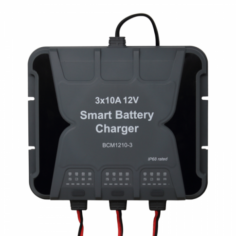 Waterproof 10A 12V triple-output mains battery charger for lead-acid, calcium and lithium batteries
