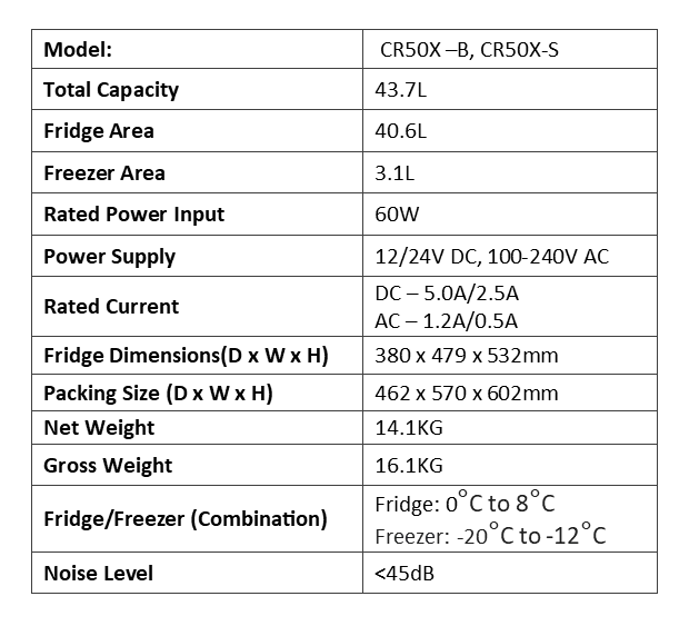 BEKULE - CR50X-S - 12/24v DC LG COMPRESSOR FRIDGE (Alpicool) 43.7L - Silver