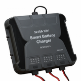 Waterproof 10A 12V triple-output mains battery charger for lead-acid, calcium and lithium batteries