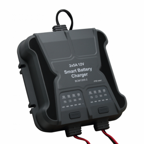 Waterproof 5A 12V dual-output mains battery charger for lead-acid, calcium and lithium batteries