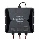 Waterproof 10A 12V triple-output mains battery charger for lead-acid, calcium and lithium batteries
