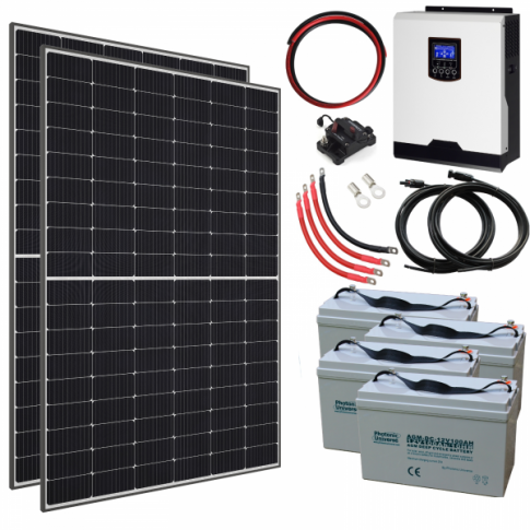 820W 24V Complete Off-grid solar power system with 2 x 410W Sharp solar panels, 3kW hybrid inverter and 4 x 100Ah batteries