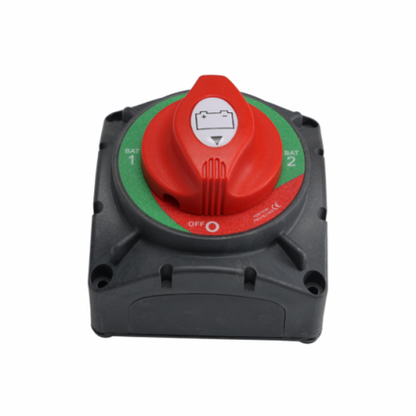 600A 12V/24V/48V surface and panel mount battery isolator switch with M12 terminals for 2 batteries