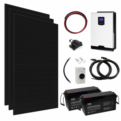 3kW Complete Off-grid Solar Power System with 3 x 430W Sharp solar panels, 3kW hybrid inverter and 2 x 200Ah lithium batteries